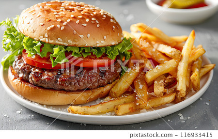 Close-up of a tempting cheeseburger with lettuce, tomato, cheese, and fries on the side. Generate AI 116933415