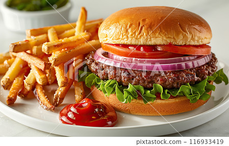 Close-up of a tempting cheeseburger with lettuce, tomato, cheese, and fries on the side. Generate AI 116933419