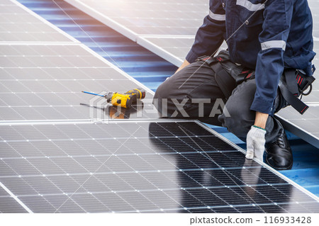 Professional Engineer Service Solar Panel. Worker Maintenance Cleaning Replacing Solar Panel. Solar photovoltaic panel system in Industry roof. Saving Energy with Clean Power. Professional Engineer Service Solar Panel. Worker Maintenance Cleaning Replacing Solar Panel. Solar photovoltaic panel system in Industry roof. Saving Energy with Clean Power. 116933428