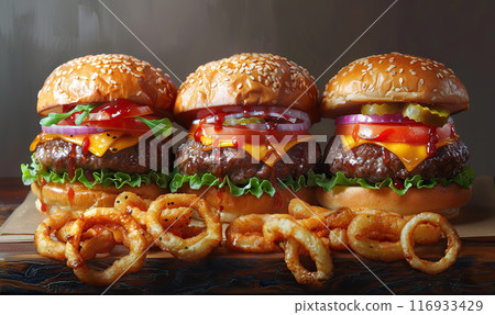Close-up of a tempting cheeseburger with lettuce, tomato, cheese, and fries on the side. Generate AI Close-up of a tempting cheeseburger with lettuce, tomato, cheese, and fries on the side. Generate AI 116933429