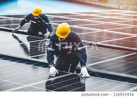 Professional Engineer Service Solar Panel. Worker Maintenance Cleaning Replacing Solar Panel. Solar photovoltaic panel system in Industry roof. Saving Energy with Clean Power. Professional Engineer Service Solar Panel. Worker Maintenance Cleaning Replacing Solar Panel. Solar photovoltaic panel system in Industry roof. Saving Energy with Clean Power. 116933438