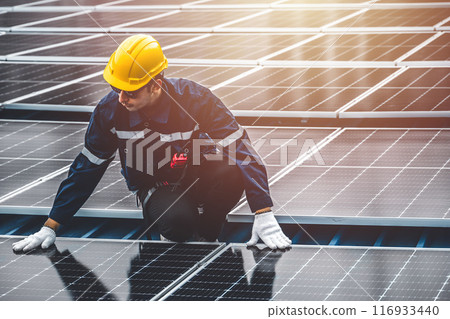 Professional Engineer Service Solar Panel. Worker Maintenance Cleaning Replacing Solar Panel. Solar photovoltaic panel system in Industry roof. Saving Energy with Clean Power. Professional Engineer Service Solar Panel. Worker Maintenance Cleaning Replacing Solar Panel. Solar photovoltaic panel system in Industry roof. Saving Energy with Clean Power. 116933440