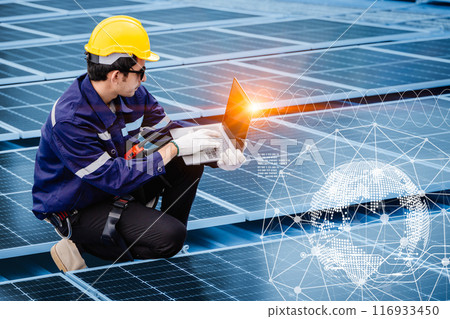 Engineer working with solar panel photovoltaic energy system overlay with digital graphic decoration for modern power management background Engineer working with solar panel photovoltaic energy system overlay with digital graphic decoration for modern power management background 116933450