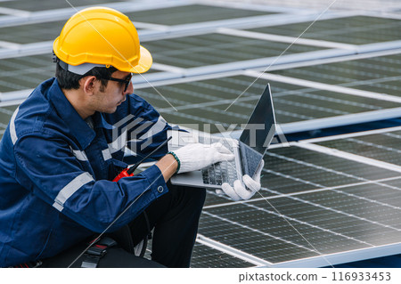 Professional Engineer Service Solar Panel. Worker Maintenance Cleaning Replacing Solar Panel. Solar photovoltaic panel system in Industry roof. Saving Energy with Clean Power. Professional Engineer Service Solar Panel. Worker Maintenance Cleaning Replacing Solar Panel. Solar photovoltaic panel system in Industry roof. Saving Energy with Clean Power. 116933453