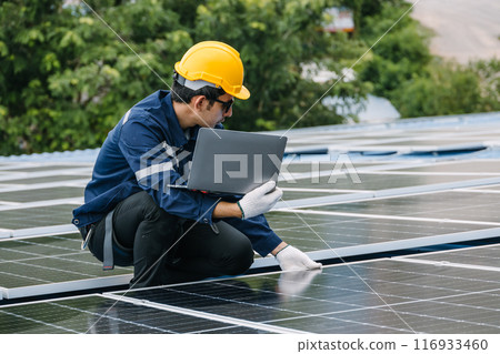 Professional Engineer Service Solar Panel. Worker Maintenance Cleaning Replacing Solar Panel. Solar photovoltaic panel system in Industry roof. Saving Energy with Clean Power. Professional Engineer Service Solar Panel. Worker Maintenance Cleaning Replacing Solar Panel. Solar photovoltaic panel system in Industry roof. Saving Energy with Clean Power. 116933460