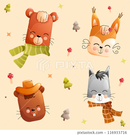 Children cute forest animals set with cozy scarves. Collection features illustrated a bear, a fox, a beaver, and a wolf. Children cute forest animals set with cozy scarves. Collection features illustrated a bear, a fox, a beaver, and a wolf. 116933716