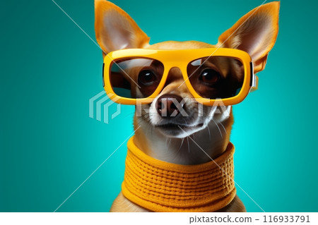 Funny chihuahua dog wearing stylish yellow glasses on light blue background with space for text 116933791