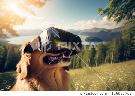 Humor Labrador Retriever dog wearing virtual reality glasses VR, technology concept, modern virtual experience 116933792