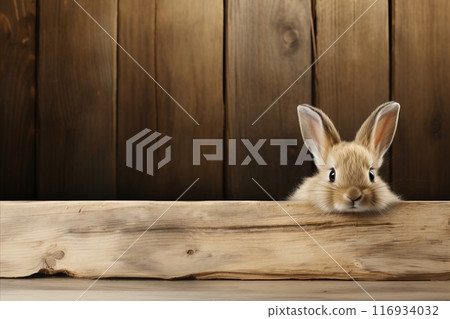 Adorable fluffy rabbit sitting and looking at the camera with copy space. Easter 116934032