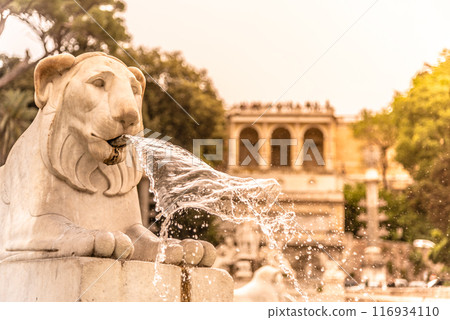 The warm glow of sunset illuminates the lion fountain at Popolo Square, with water streaming gracefully from the lions mouth. Rome, Italy The warm glow of sunset illuminates the lion fountain at Popolo Square, with water streaming gracefully from the lions mouth. Rome, Italy 116934110