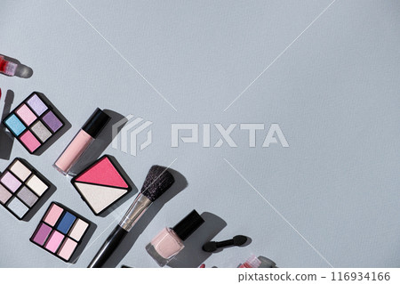 Makeup on Blue Background, Text Space, Top View 116934166