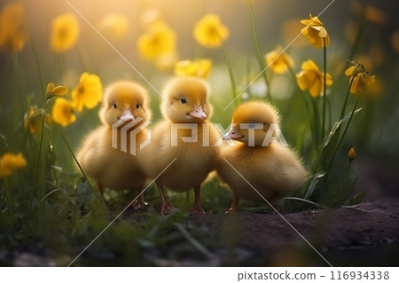 Adorable ducklings frolicking on lush green grass in a bright and inviting outdoor scene 116934338