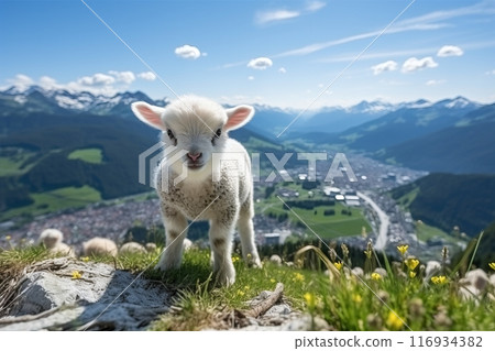 Adorable flock of sheep grazing on green alpine meadows in the picturesque outdoors 116934382
