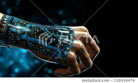 Detailed shot of cybernetic arm with embedded mechanisms on blurred background, copy space available 116934474
