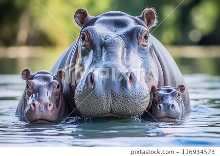 Family of hippos enjoying in the river in beautiful african safari landscape in national park 116934573