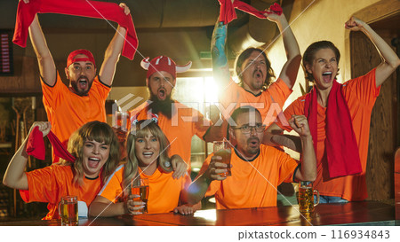 Enthusiastic fans, women and men, sitting at bar counter shouting, screaming supporting their favorite football team and drinks beer. Enthusiastic fans, women and men, sitting at bar counter shouting, screaming supporting their favorite football team and drinks beer. 116934843