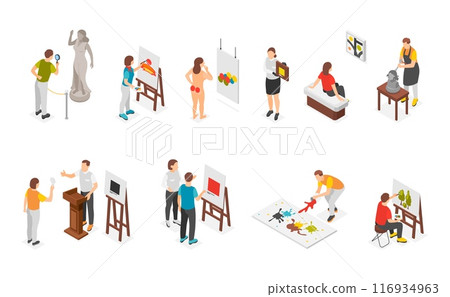 Isometric artists. Creative process, artist painting and show picture. Art gallery characters and elements, images and sculpture flawless vector set Isometric artists. Creative process, artist painting and show picture. Art gallery characters and elements, images and sculpture flawless vector set 116934963
