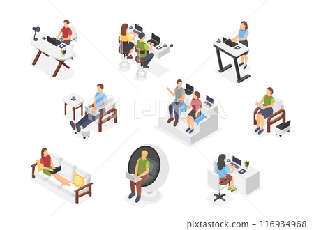 Isometric freelancers. Men women working with laptop and tablets from home. Students bloggers and journalists, cozy workplace flawless vector set 116934968