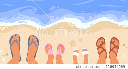 Family on beach. Seaside vacation, parents and children sitting near sea. Children adults feet wear flip flops. Summer leisure, ocean holidays snugly vector scene 116934969