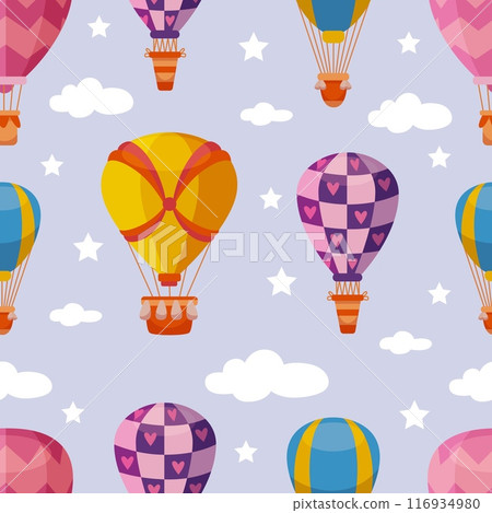 Hot air balloon seamless pattern. Travel balloons flying in sky, white clouds and stars. Airship fabric or wrapping print design. Childish neoteric vector background 116934980