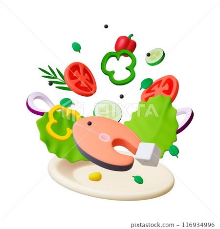 Salmon steak and vegetables on plate 3d concept. Fresh salad and fish, tomatoes cucumber pepper and green leaf. Render realistic vector healthy food Salmon steak and vegetables on plate 3d concept. Fresh salad and fish, tomatoes cucumber pepper and green leaf. Render realistic vector healthy food 116934996