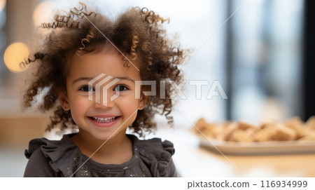 Happy girl with blurred background and copy space for text, joyful female in defocused setting 116934999