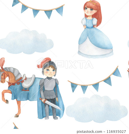 Seamless pattern with watercolor illustration of a garland of flags in blue and princess, horse, knight or prince in gray. Hand drawn. For decorating children's room wallpaper 116935027