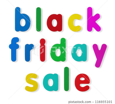 black friday sale words coloured magnetic letters on white with clipping path 116935101