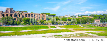 A view of the Domus Severiana ruins on Palatine Hill from Circus Maximus in Rome, Italy. The ancient Roman palace is visible in the distance, with a grassy area in the foreground. 116935180