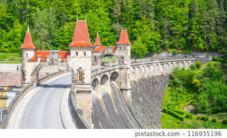 A view of the Les Kralovstvi Dam in Czechia, showcasing the intricate archway and stonework of the structure. The dam stands tall and imposing, surrounded by lush greenery. A view of the Les Kralovstvi Dam in Czechia, showcasing the intricate archway and stonework of the structure. The dam stands tall and imposing, surrounded by lush greenery. 116935196