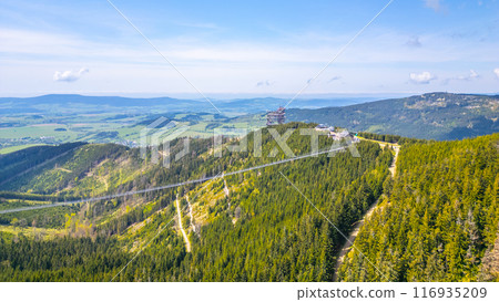 Aerial view of the Sky Bridge 721, the worlds longest suspension footbridge, stretching across a forested mountain in Czechia. The unique Sky Walk lookout tower stands nearby, offering panoramic views 116935209