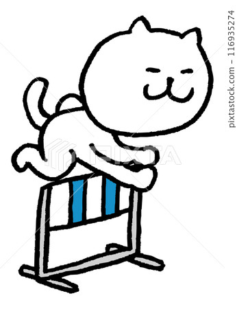 A cute white cat character with narrow eyes playing various sports A cute white cat character with narrow eyes playing various sports 116935274