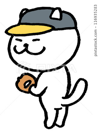 A cute white cat character with narrow eyes playing various sports 116935283
