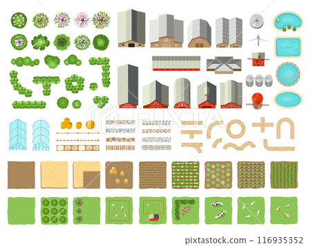 Farm top view. Landscape elements of farm village buildings roads barns and green gardens recent vector constructor 116935352