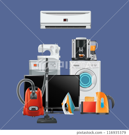 appliances. vacuum cleaner TV washing machine and iron vector appliances for comfortable lifestyle 116935379