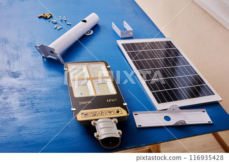 Parts to assemble solar powered LED street light to pole or wall. 116935428