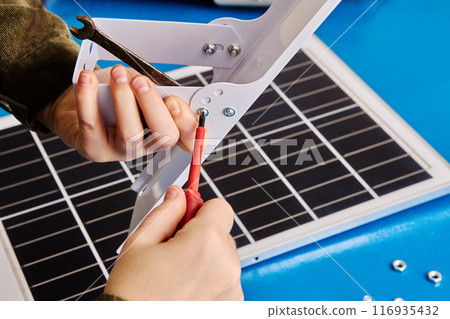 Solar panel holder mounting bracket is assembled for street lighting based on green technology. 116935432