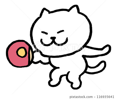A cute white cat character with narrow eyes playing various sports 116935641