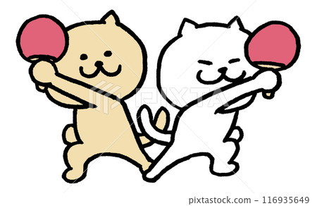 A cute white cat character with narrow eyes playing various sports 116935649