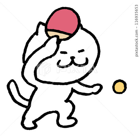 A cute white cat character with narrow eyes playing various sports 116935653