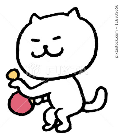 A cute white cat character with narrow eyes playing various sports 116935656