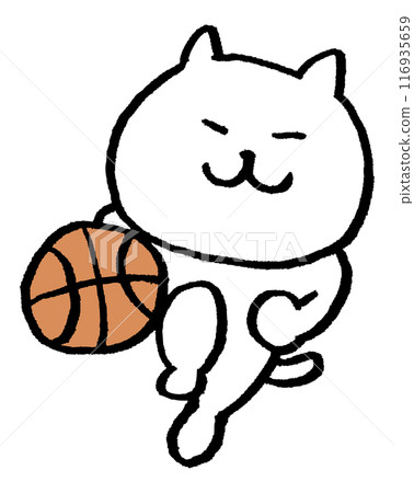 A cute white cat character with narrow eyes playing various sports 116935659