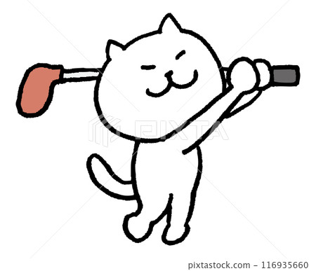 A cute white cat character with narrow eyes playing various sports 116935660