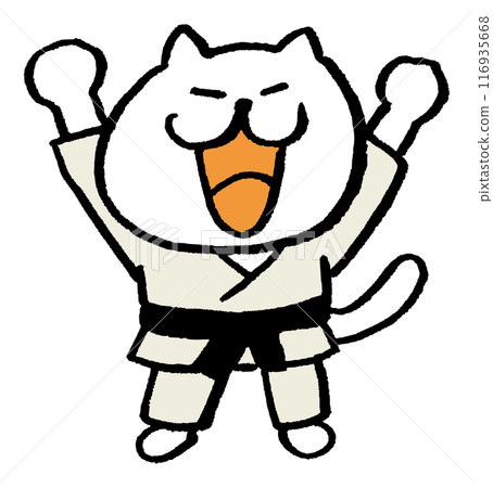 A cute white cat character with narrow eyes playing various sports 116935668