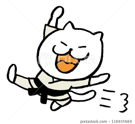 A cute white cat character with narrow eyes playing various sports 116935669