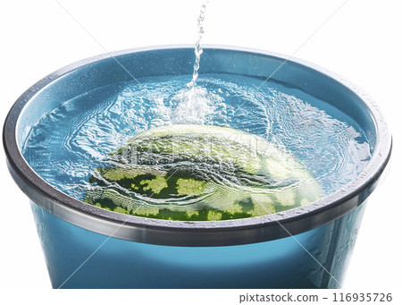 Image of a watermelon being cooled in a bucket of water 116935726