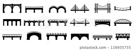 Bridge black silhouettes. Urban industrial architecture constructions, city design elements. Different bridges for town and village, nowaday vector icons Bridge black silhouettes. Urban industrial architecture constructions, city design elements. Different bridges for town and village, nowaday vector icons 116935735