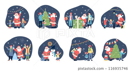 Santa claus and children. Congratulating new year and christmas. Winter holidays activities with funny santa family friends, recent vector scenes 116935746