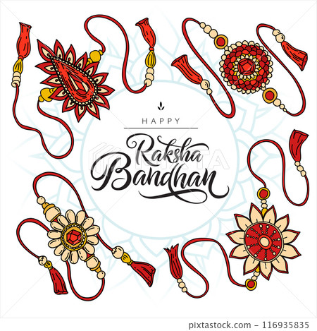 Raksha Bandhan greeting card with set of rakhi talisman sacred threads that symbolize family ties from sisters to brothers. Happy Raksha Bandhan traditional Indian holiday festival poster, banner Raksha Bandhan greeting card with set of rakhi talisman sacred threads that symbolize family ties from sisters to brothers. Happy Raksha Bandhan traditional Indian holiday festival poster, banner 116935835