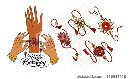 Raksha Bandhan illustration set with Tying a rakhi from sister to brother on his hand. Collection of various rakhi ceremonial bounds for design poster, banner, or greeting card 116935836